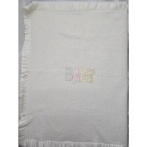 Vintage Duratex Baby Blanket White Pastel Letter Embroidered Satin Trim USA Made